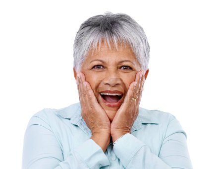 Photo for Old woman, portrait and excited surprise in studio for good news announcement, winner or celebrate. Female person, face and hand gesture for giveaway promotion or discount, white background or mockup. - Royalty Free Image