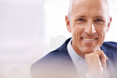 Photo for Senior, portrait and happy businessman in office with career, goal or company pride with mockup. Face, space and elderly male executive smile with positive mindset, confidence or relax good mood. - Royalty Free Image