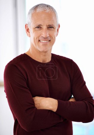 Photo for Senior, businessman or happy portrait with arms crossed in office for creative career in management. Mature person, entrepreneur or face of ceo with confidence, smile or pride for startup company. - Royalty Free Image