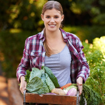 Photo for Happy woman, portrait and harvest with vegetables, crops or resources in agriculture, growth or natural sustainability. Female person or farmer with smile, plants and organic veg for fresh produce. - Royalty Free Image