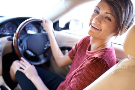 Photo for Portrait, driving and business woman with travel on morning commute, road trip or journey to work. Smile, transport and happy driver at wheel of car with confidence, test drive and auto insurance - Royalty Free Image