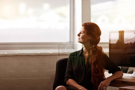 Photo for Businesswoman, thinking and office desk for future growth at tech startup for small business, entrepreneur or thoughts. Female person, contemplating and workplace vision for decision, planning or job. - Royalty Free Image