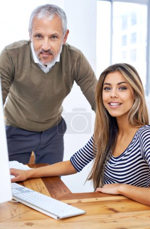 Photo for Portrait, man and mentor with employee, keyboard for teamwork or collaboration for creative work. Company, male person and woman with confidence as art director with manager of business and happiness. - Royalty Free Image
