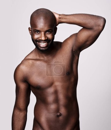 Photo for Black man, shirtless and body with six pack in portrait, fitness and health with muscle on white background. Exercise, sport and athlete with abs, confident and masculine with testosterone in studio. - Royalty Free Image