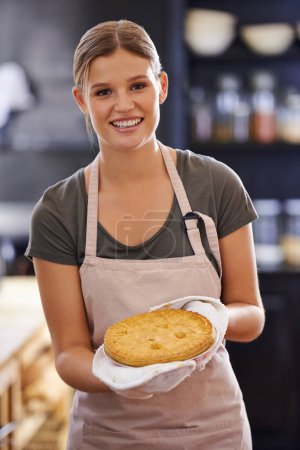 Photo for Pie, bake and portrait of woman in kitchen for lunch, dinner and supper in home with recipe. Cooking, happy and person with smile, dish and food for eating, wellness or nutrition for meal preparation. - Royalty Free Image