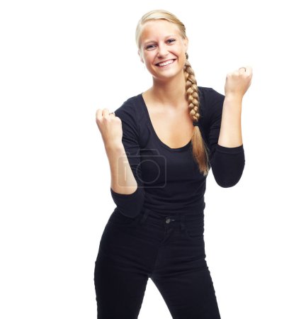 Photo for Portrait, happy and excited woman in studio with winner fist, celebration or news announcement on white background. Success, face or model with wow hands for competition, results or prize giveaway. - Royalty Free Image