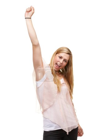 Photo for Woman, goals and fist for portrait in studio with success, winner or happy by white background. Person, girl and smile for celebration, cheers or excited for achievement, giveaway or prize in contest. - Royalty Free Image
