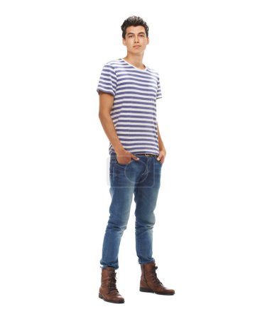 Photo for Portrait, man and fashion with relaxed, casual and edgy clothes isolated in studio by white background. Confidence, face and young male model in trendy, cool and stylish outfit in mockup space - Royalty Free Image