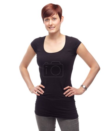 Photo for Woman, portrait and studio for fashion and happy with hands on hips with stylish clothes for trendy look. Female person, confident and isolated with white background with casual outfit and relaxed. - Royalty Free Image