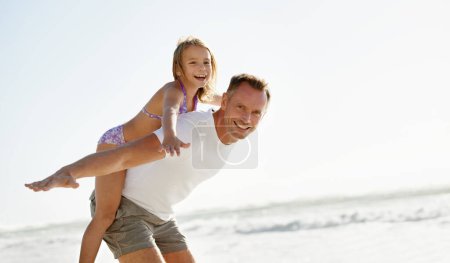 Photo for Father, child and portrait or airplane on beach holiday together or flying game on summer vacation, bonding or travel. Man, daughter and happy at ocean on back or Florida trip, playing or outdoor. - Royalty Free Image