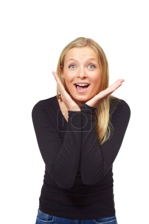 Photo for Portrait, woman and happy surprise in studio, reaction and facial expression for news or announcement. Winner, wow for success and hands frame face, shock and OMG for achievement on white background. - Royalty Free Image