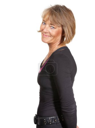 Photo for Mature woman, portrait and fashion in studio, casual outfit and cool aesthetic on white background. Happy senior person, mockup space and pride or satisfaction, smile and lady in clothes for style. - Royalty Free Image