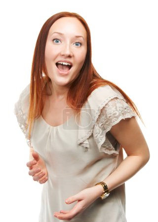 Photo for Excited, portrait and woman in studio with shock for surprise, deal or discount on white background. Female person, happy and face with wow expression for excitement, sale or achievement with smile. - Royalty Free Image