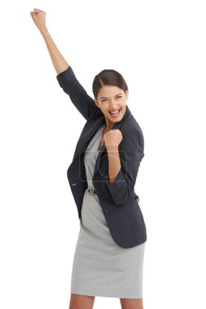Photo for Business, woman and fist in studio for success, winning and achievement with power, yes and celebration. Portrait of an excited worker or winner with goals for human resources on a white background. - Royalty Free Image
