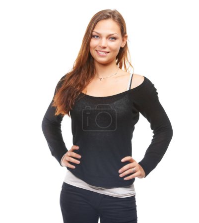 Photo for Woman, portrait and studio for fashion and confident with hands on hips with stylish clothes for trendy look. Female person, happy and isolated with white background and casual outfit or face. - Royalty Free Image