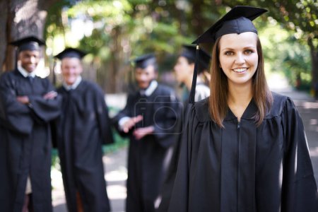 Photo for Student, portrait and graduation with woman outdoor at university, college and achievement ceremony. Education, campus and class at certificate, degree and school event with a smile from diploma. - Royalty Free Image