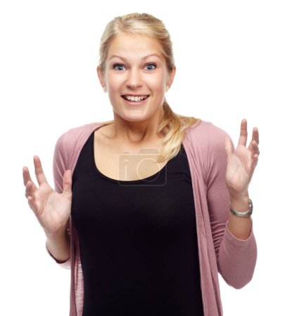 Woman, portrait and excitement for surprise in studio for announcement or news, amazed and wow reaction. Female person, isolated and white background with shock, omg and mind blown with smile for joy.