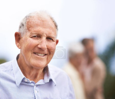 Photo for Senior, man and happy portrait outdoor on holiday, vacation and travel for retirement with confidence. Elderly, person and face with smile in garden, nature or backyard of home for relax and break. - Royalty Free Image