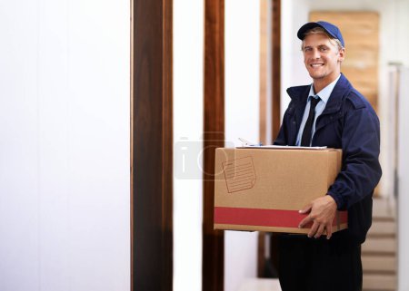 Photo for Delivery, man and portrait with box at front door of house for distribution of online shopping package. Happy, courier and person in supply chain with transport of ecommerce, product and stock. - Royalty Free Image