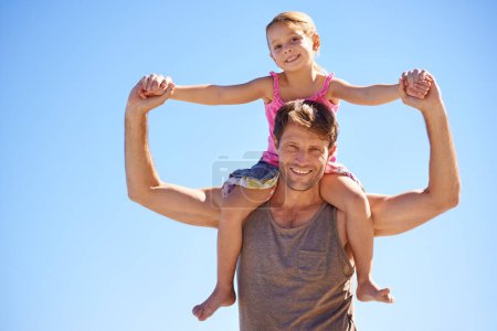 Photo for Airplane, piggyback or father with daughter portrait at a beach for travel, fun or bonding in nature. Love, support dad with girl at the ocean for back ride games, flying or journey freedom in Cancun. - Royalty Free Image