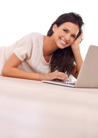 Photo for Portrait, relax and laptop with woman on floor of living room in home for email, internet or research. Computer, smile and social media with happy young person in apartment for website browsing. - Royalty Free Image