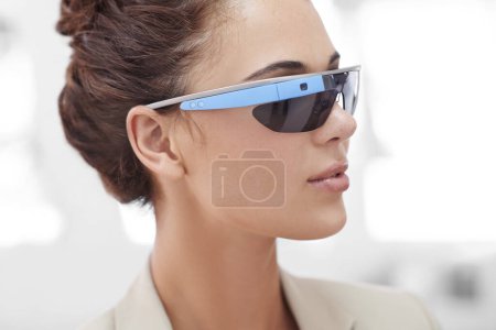 Photo for Augmented reality, face and woman in smart glasses, internet connection and online business in office. Future technology, workplace and consultant with designer VR sunglasses, vision and electronics. - Royalty Free Image