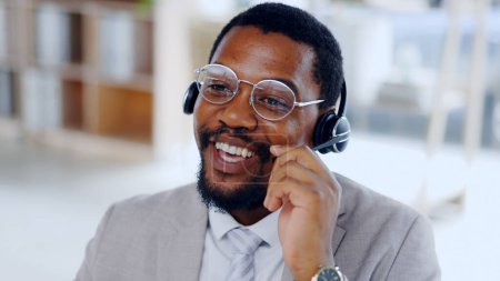 Photo for Call center, customer service and happy black man consultant in office for online business with headset. Contact us, crm and worker for communication, technical support and telemarketing in workplace. - Royalty Free Image