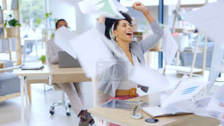 Photo for Excited woman, business and documents in air for celebration, success or done with work at office. Happy female person or accountant with fist pump and finished paperwork for winning at workplace. - Royalty Free Image