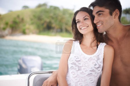 Photo for Man, woman and couple on a boat in the ocean, happy with vacation and travel to Italy for anniversary or honeymoon. Romantic adventure for love, bonding and trust in relationship with transport. - Royalty Free Image