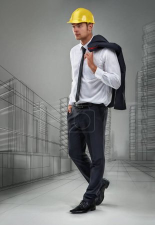 Photo for Man, engineer and architecture drawing of building for blueprint project planning, construction or cityscape. Person, professional and walking or renovation with helmet, illustration or skyscraper. - Royalty Free Image