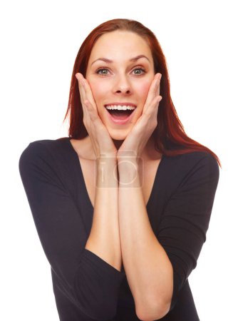 Photo for Wow, woman and portrait in studio with sale for announcement, gossip and discount deal with wtf expression. Person, face and surprised with good news, winner and surprise offer on white background. - Royalty Free Image