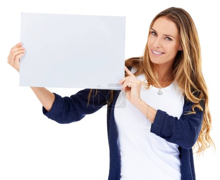 Photo for Presentation, blank sign and portrait of woman in studio for deal, promo or happy news mockup. Signage, offer and girl with announcement on poster, opinion or info on cardboard with white background - Royalty Free Image