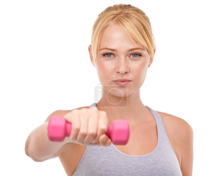 Photo for Fitness, portrait and woman with dumbbell weight in studio for health, wellness and body workout or training. Strength, sports and young female athlete with arm exercise isolated by white background - Royalty Free Image