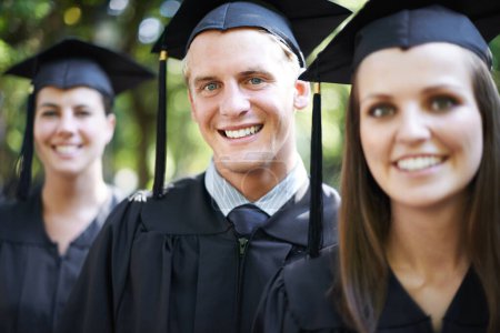 Photo for Student, portrait and graduation with friends outdoor at university, college and achievement ceremony. Education, campus and class at certificate, degree and school event with a smile from diploma. - Royalty Free Image