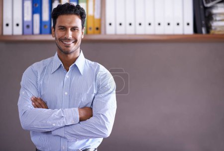 Photo for Office, portrait and happy businessman with arms crossed in confidence and pride as entrepreneur. Corporate, employee and man with a smile for working on investment portfolio or workplace mock up. - Royalty Free Image