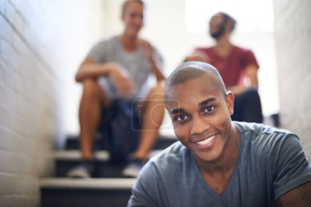Photo for Portrait, stairs and student with smile, black man and together with classmates as friends for conversation. University, school and campus with course for person, scholarship and people relax. - Royalty Free Image