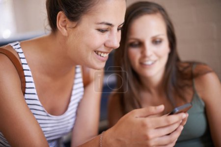 Photo for College, friends and reading phone together on campus with online post on social media. Network, connection or students check news, information or meme on internet blog with smartphone at university. - Royalty Free Image