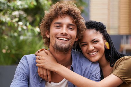 Photo for Portrait, couple and lovers with embrace, smile and love outdoors in garden, backyard and patio. Male person, black woman and interracial partners with diversity, affection and bonding in Jamaica. - Royalty Free Image