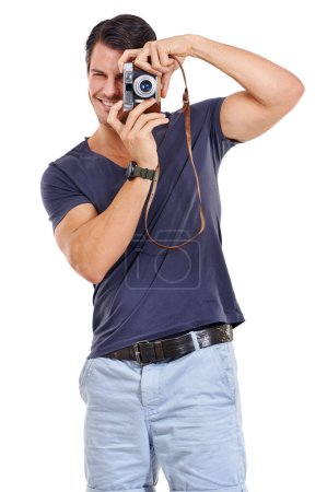 Photo for Portrait, photographer and happy man with retro camera for isolated on white studio background. Creative, paparazzi and smile of cameraman with vintage lens for hobby, photoshoot or taking pictures. - Royalty Free Image