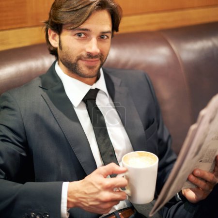 Photo for Businessman, portrait and newspaper in cafe, lounge and coffee shop with suit and sofa. Man, broker and news with reading, break and corporate job with mug and restaurant for rest and relaxation. - Royalty Free Image