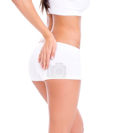 Photo for Woman, underwear and legs in studio or cellulite with cosmetics treatment, liposuction and glowing skin. Model, person and skincare with wellness, dermatology and cosmetology on white background. - Royalty Free Image