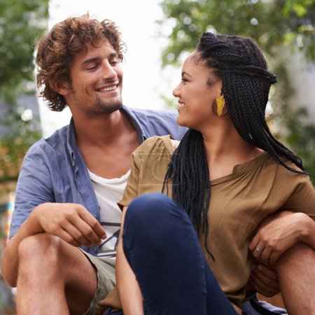 Photo for Diverse couple, outdoor and smile for bonding, park and date together in summer for boyfriend and girlfriend. Multiracial, male and female for nature, happy and love for outside of city life. - Royalty Free Image