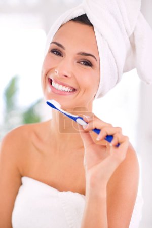 Photo for Portrait, woman and toothbrush with smile for whitening, dental health and oral hygiene at home. Happy, female person and mouth for healthy, teeth and fresh breath with brushing and cleaning. - Royalty Free Image