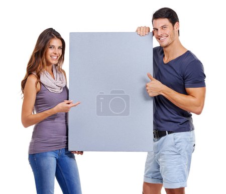 Photo for Happy couple, portrait and thumbs up with empty poster on studio background by mockup space for presenting, marketing and advertising. People, models or partners together with blank billboard. - Royalty Free Image
