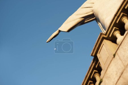 Photo for Jesus christ, statue and heritage for travel and christian art for religion or faith journey. Hands, history monument or closeup of sacred destination or culture sculpture in rio de janeiro on hill. - Royalty Free Image