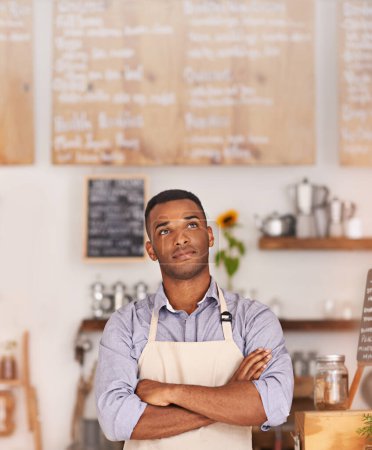 Photo for Cafe shop, black person and entrepreneur thinking of small business as barista, professional and owner. Man, standing and thoughtful of idea for startup of store in food industry of Cape Town. - Royalty Free Image