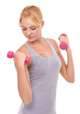 Photo for Sport, weights and woman athlete in studio for health, wellness and body workout or training. Energy, fitness and young female person with dumbbell equipment for exercise isolated by white background. - Royalty Free Image