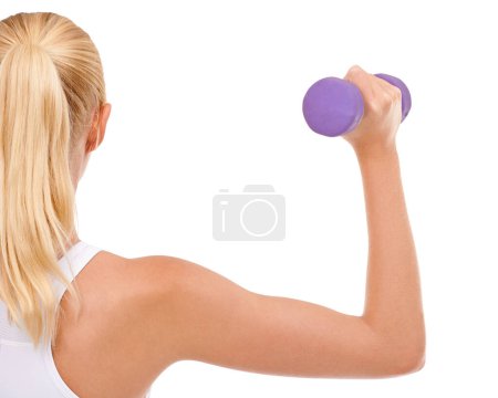 Photo for Woman, dumbbell and training exercise for arm workout on white background for challenge, strength or mockup space. Female person, weightlifting and back view for gym fitness, performance or studio. - Royalty Free Image