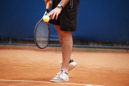 Photo for Man, playing and competition on tennis court, serve and racket or ball for professional match. Fitness, ready or strong athlete in training for tournament, outdoor or skill of champion player in game. - Royalty Free Image