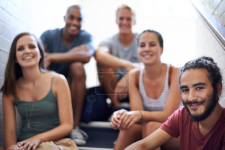 Photo for Bonding, stairs and group of students in portrait, smile and relaxing with education and friends. Men, women and people with diversity and scholarship for university and college, learning and course. - Royalty Free Image